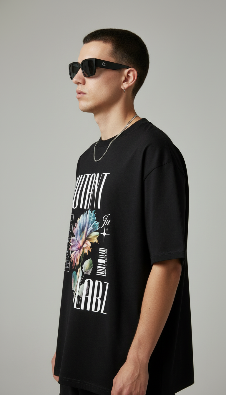 Black Oversized T-Shirt – Floral Graphic Streetwear